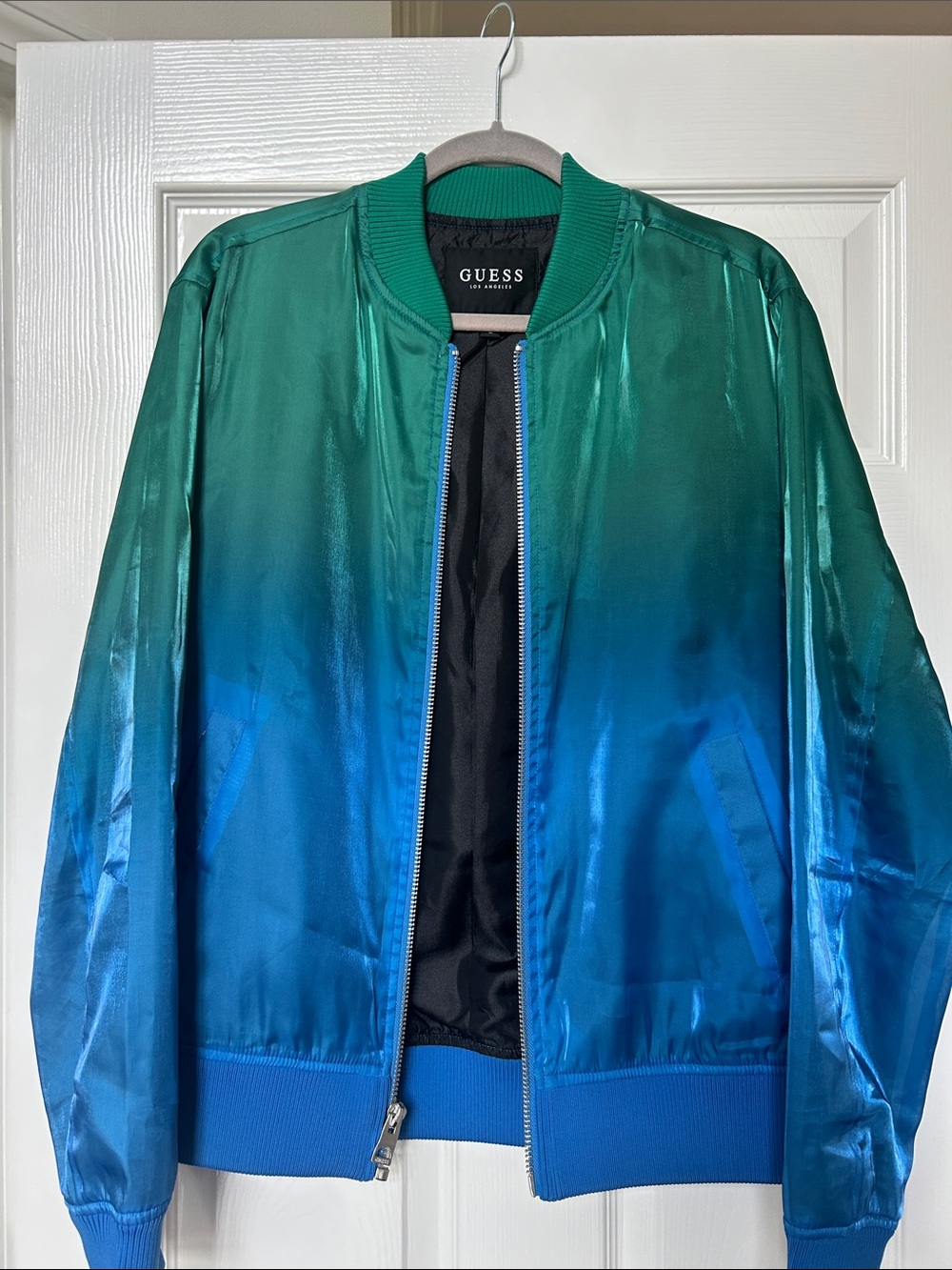 GUESS men’s Green to Blue Ombre Bomber Jacket